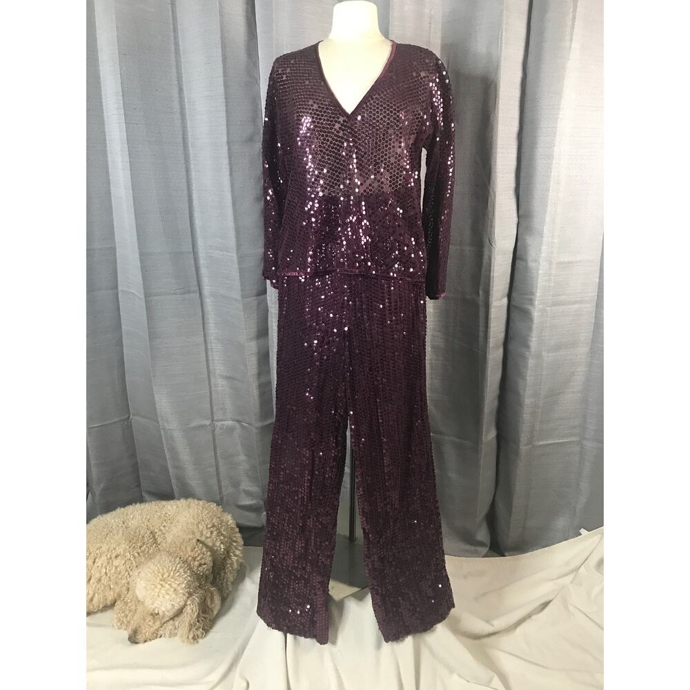 Vintage Oscar de la Renta Plum Sequined 2pc Pant Set. Sz 12